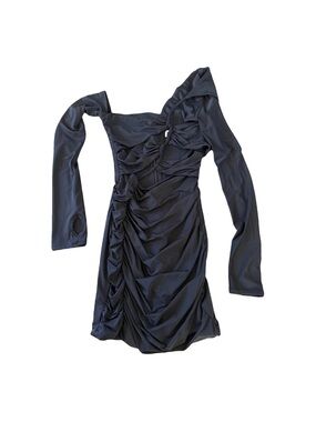 Black Asymmetrical Ruched Long-Sleeve Mini Dress